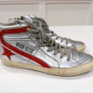 Golden Goose Silver & Red Glitter Slide High-Top Sneakers